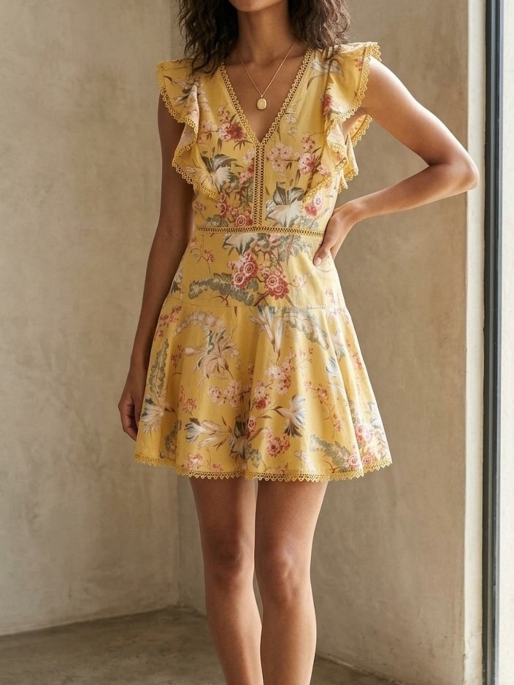 H &M Yellow Floral V-Neck Ruffle Mini Dress Linnen And Embroidery.